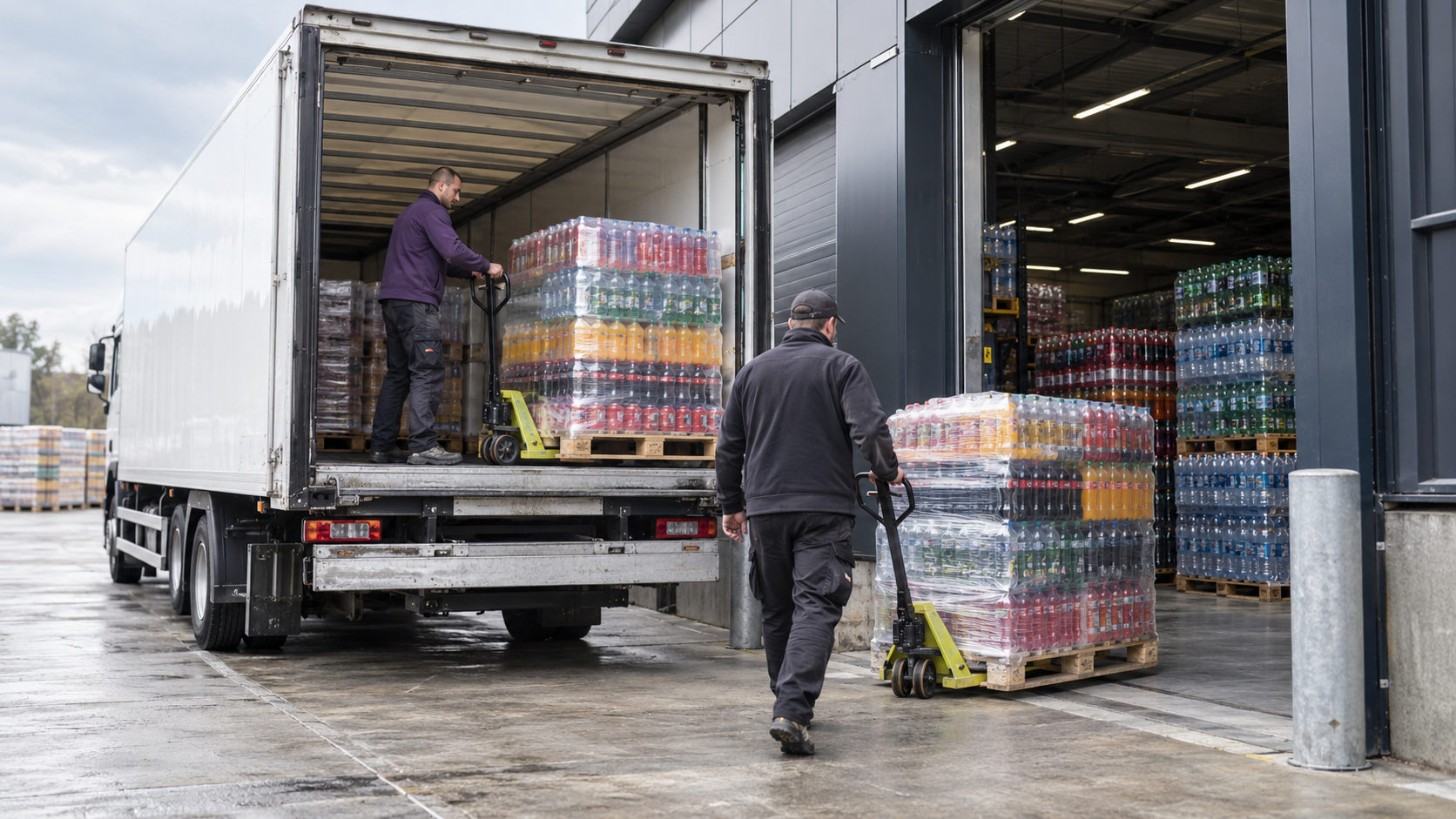 Drankpallets worden bij een distributiecentrum gelost